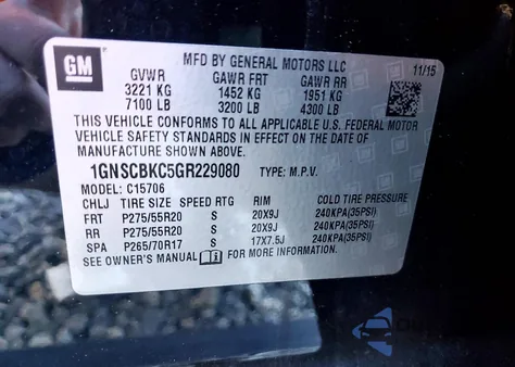 2016 Chevrolet Tahoe C1500 Lt из США, поврежденный, VIN 1GNSCBKC5GR229080